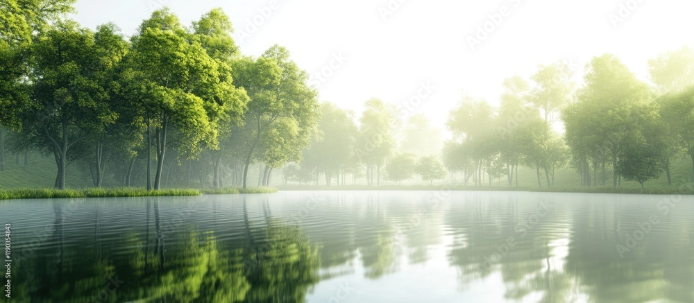 Fototapeta premium Serene misty morning lake reflecting lush green trees.