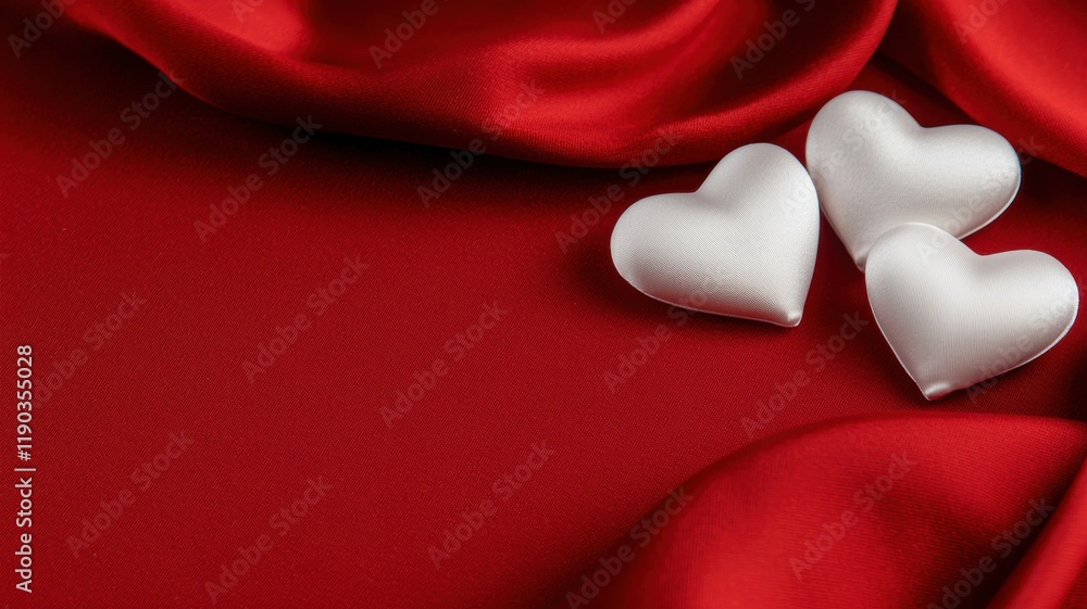 Fototapeta premium Valentine's day theme background. A romantic arrangement featuring three white hearts on luxurious red fabric, perfect for expressing love and affection.