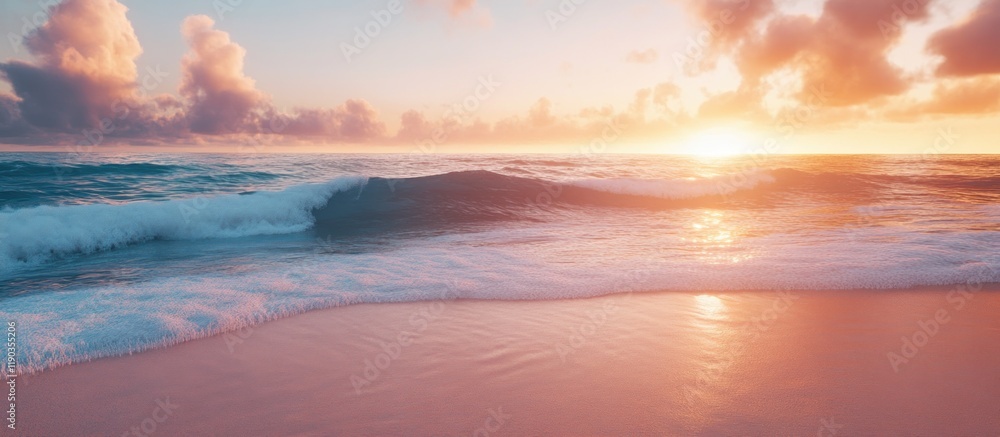 Serene sunrise over ocean waves gently lapping a sandy beach. Serene sunrise over ocean waves gently lapping a sandy beach.