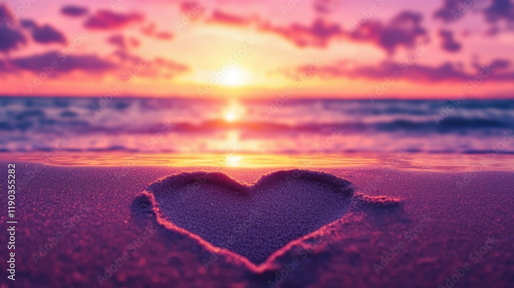 Fototapeta premium Valentine's day theme background. A heart shape drawn in sand at sunset, with vibrant colors reflecting on the ocean, creating a romantic and serene atmosphere.