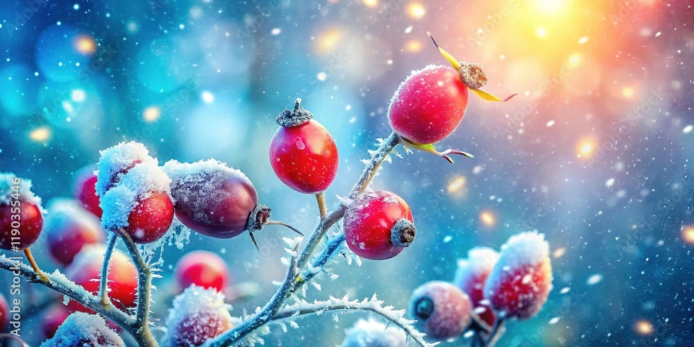 Frosty Red Rosehips in Winter Snow - Double Exposure Stock Photo Frosty Red Rosehips in Winter Snow - Double Exposure Stock Photo
