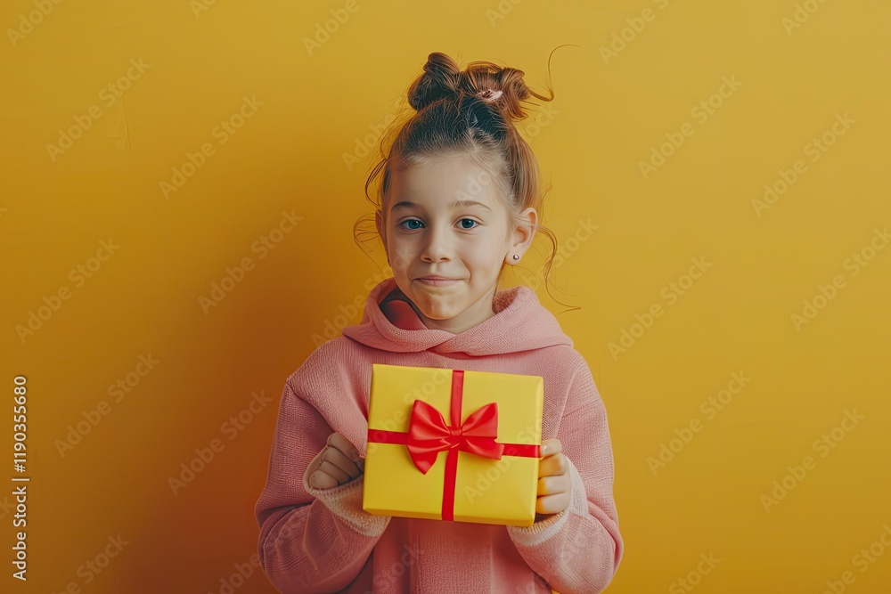 Vibrant Color Picture of Young Girl Joyfully Demonstrating Her Gift Box on Yellow Background Vibrant Color Picture of Young Girl Joyfully Demonstrating Her Gift Box on Yellow Background