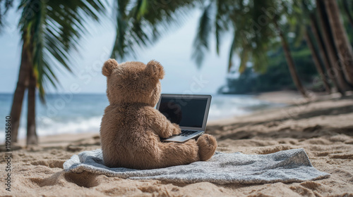 Adorable bear using laptop on tropical beach for remote work or vacation 