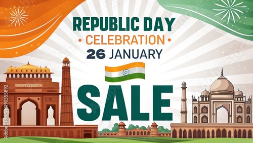 Republic Day banner with Indian landmarks and patriotic design. photo