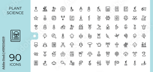 Set of Plant Science line icons. It contains symbols to web, plant, eco, spring, environment, biology, wood, natural. Isolated icons design. Vector icons editable stroke.