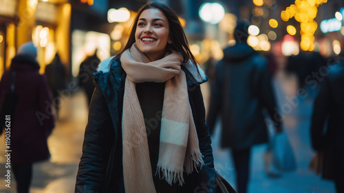 Happy woman in winter wear amid city lights. Perfect for urban lifestyle, seasonal fashion, and evening vibes.