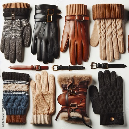 Stylish gloves in various materials like leather and knit displa photo