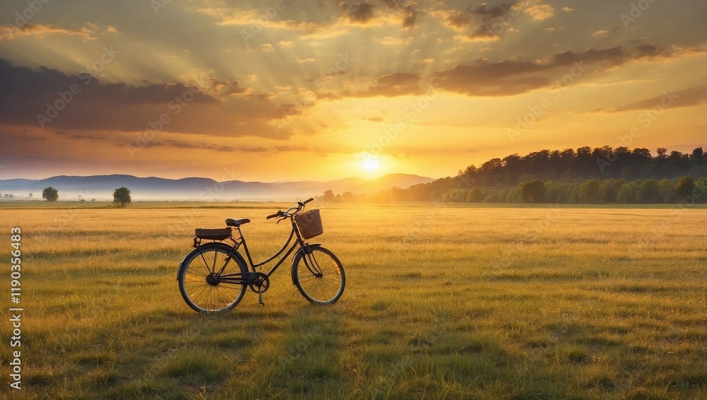 Obraz premium Bicycle Journey Across Sunset Glass Meadows 
