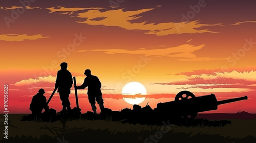 Soviet Anti-Tank Defenses at Sunset with Soldier Silhouettes