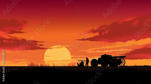 Silhouetted Soldiers and Anti-Tank Barriers Against a Fiery Sky