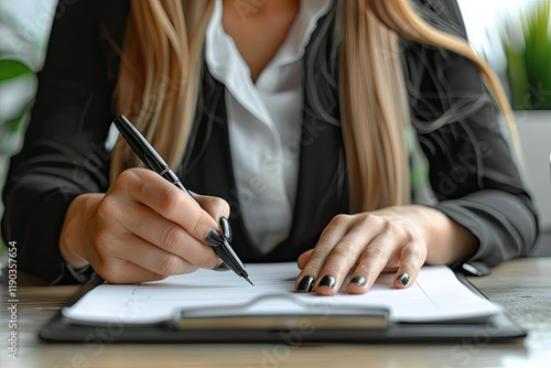 Detailed Picture of Smiley Businesswoman Showing You Where to Sign on Clipboard photo