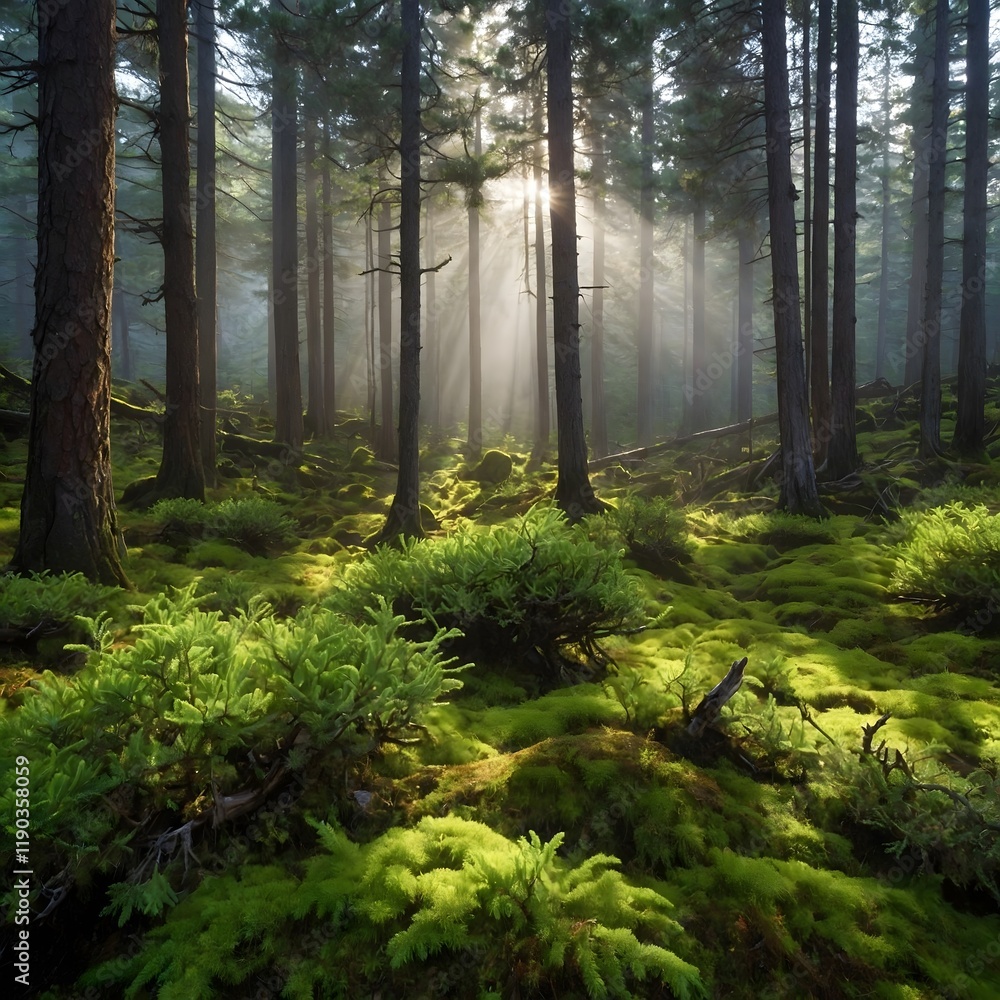 Obraz premium Whispers of the Forest: Juniper Trees, Mist, and Vibrant Moss