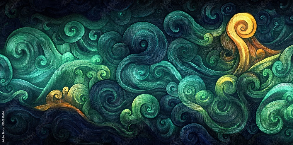 Whimsical Teal and Gold Swirling Waves: A Textured Abstract Painting Whimsical Teal and Gold Swirling Waves: A Textured Abstract Painting