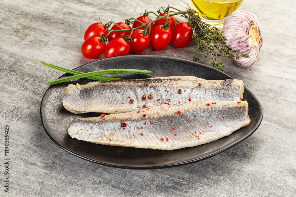 Marinated herring fillet with green onion Marinated herring fillet with green onion