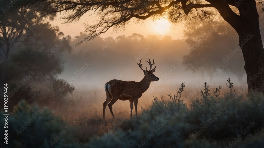 A serene scene of a deer standing in a misty landscape during sunrise. A serene scene of a deer standing in a misty landscape during sunrise.