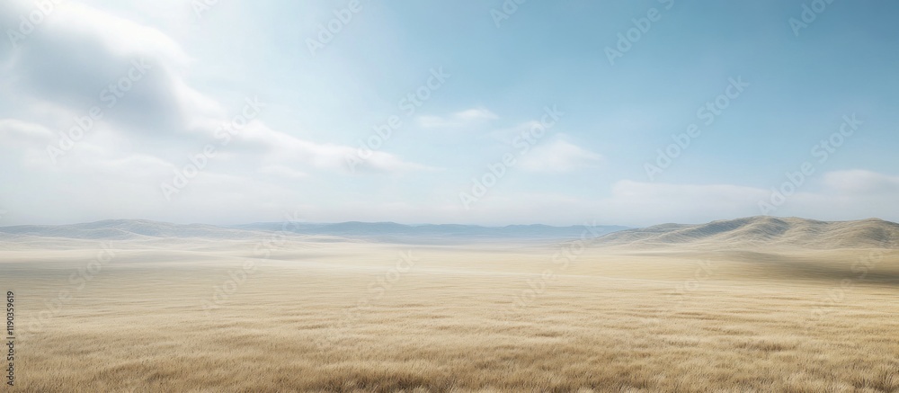 Hazy, sunlit landscape of vast golden grassland under a pale blue sky. Hazy, sunlit landscape of vast golden grassland under a pale blue sky.