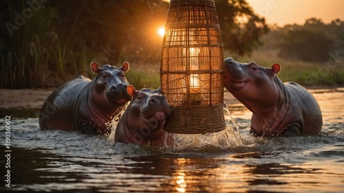 Three hippos interacting with a basket in a serene water setting during sunset. photo