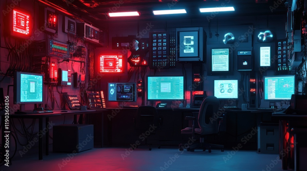 Cyberpunk hacker's den filled with computer screens, neon lights, and tech gadgets. Cyberpunk hacker's den filled with computer screens, neon lights, and tech gadgets.