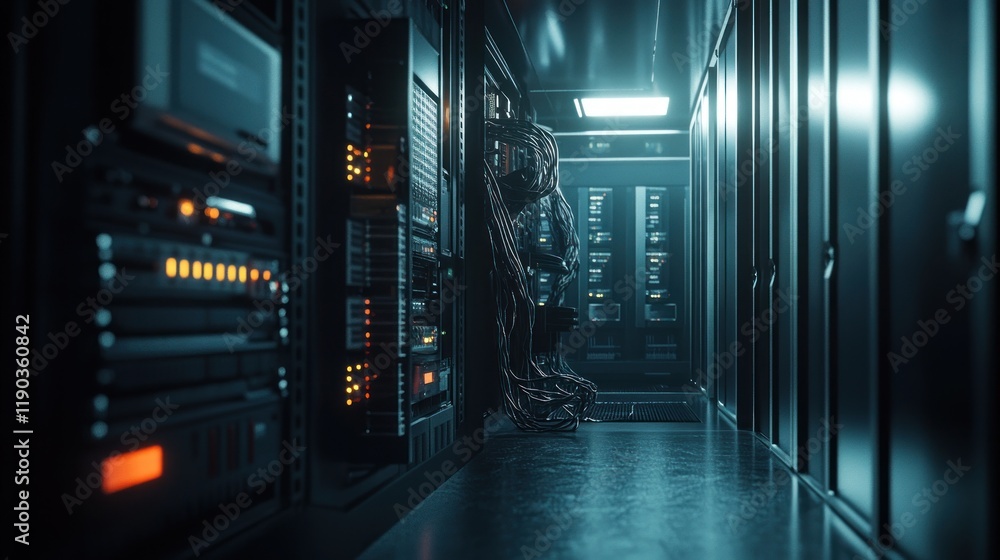 Futuristic server room with a mysterious figure. Futuristic server room with a mysterious figure.