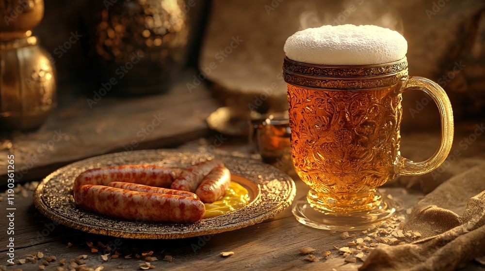 Steaming beer in ornate glass with grilled sausages and mustard on rustic wooden table. Steaming beer in ornate glass with grilled sausages and mustard on rustic wooden table.