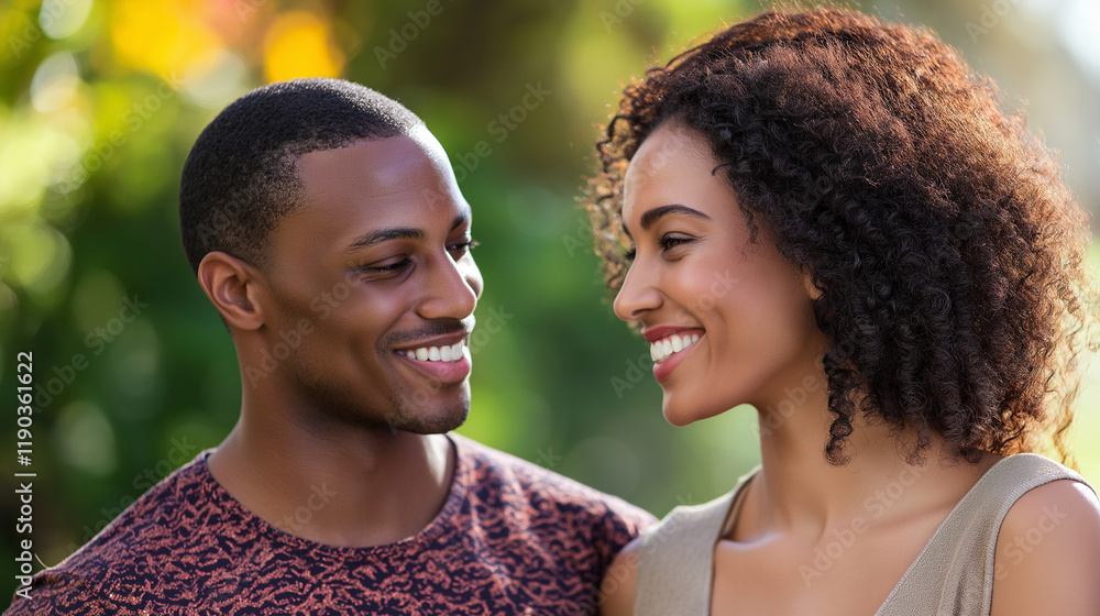Young interracial couple sharing happy moment outdoors. Perfect for relationship content, diversity in love, or authentic connection. Young interracial couple sharing happy moment outdoors. Perfect for relationship content, diversity in love, or authentic connection.