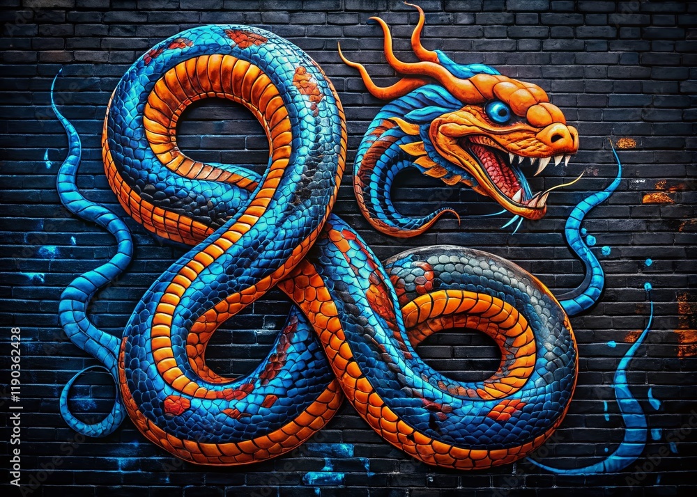Obraz premium 2025 Chinese New Year Snake Graffiti Art - Blue & Orange Scales on Black Wall - Vertical Street Art