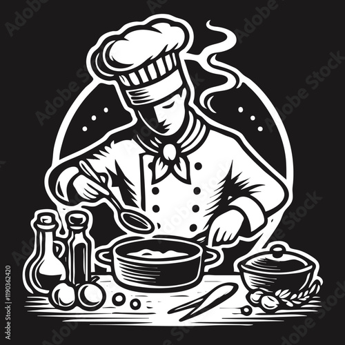 Chef holding silhouette vector, chef holding line art vector illustration, chef preparing a dish, logo design, Food, meal, restaurant and catering, vector design and illustration