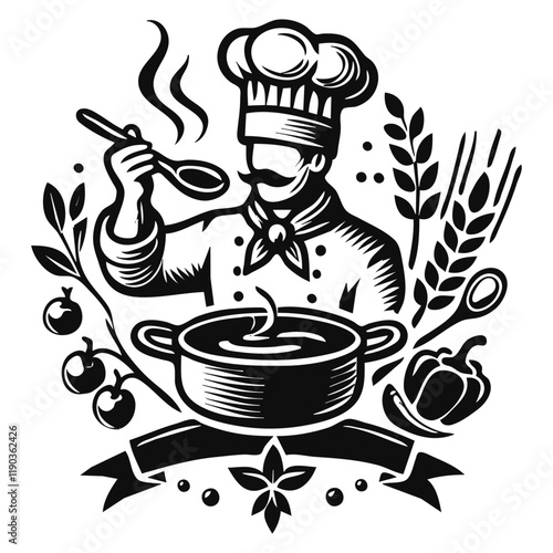 Chef holding silhouette vector, chef holding line art vector illustration, chef preparing a dish, logo design, Food, meal, restaurant and catering, vector design and illustration