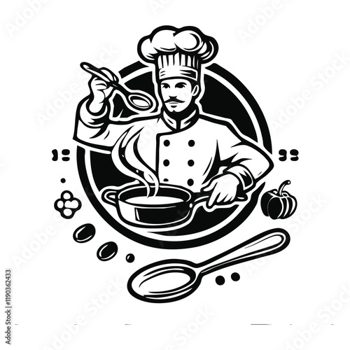 Chef holding silhouette vector, chef holding line art vector illustration, chef preparing a dish, logo design, Food, meal, restaurant and catering, vector design and illustration