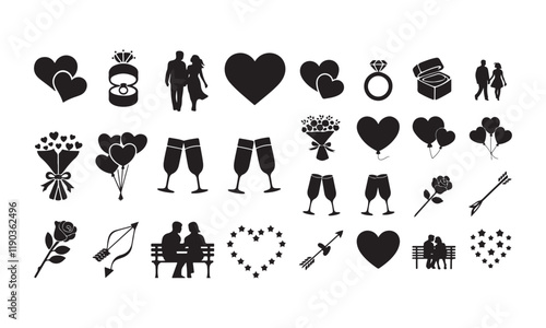 Valentine's Day Silhouette Icons - Hearts, Rings, Balloons, Couples, and Romantic Symbols