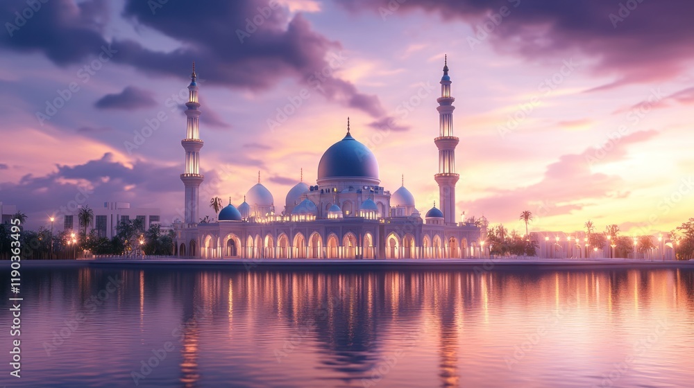 Naklejka premium Majestic mosque reflecting in calm water at sunset. (1)