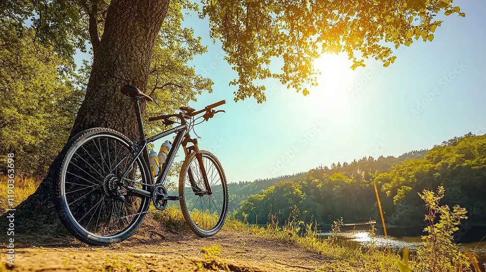 Naklejka premium Mountain bike resting by a lake under a tree on a sunny day.