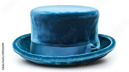 Elegant sky blue top hat with a velvety texture, isolated on a solid white backdrop