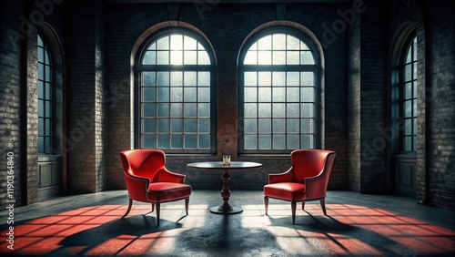 Abandoned Building Interior: Red Chairs, Round Table, Arched Windows photo