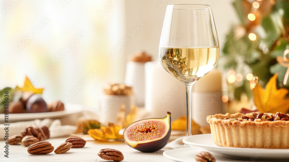 Naklejka premium Dessert Wine, A rustic table setting featuring a glass of dessert, captured in high fidelity, highlighting elegance and warmth in home decor.