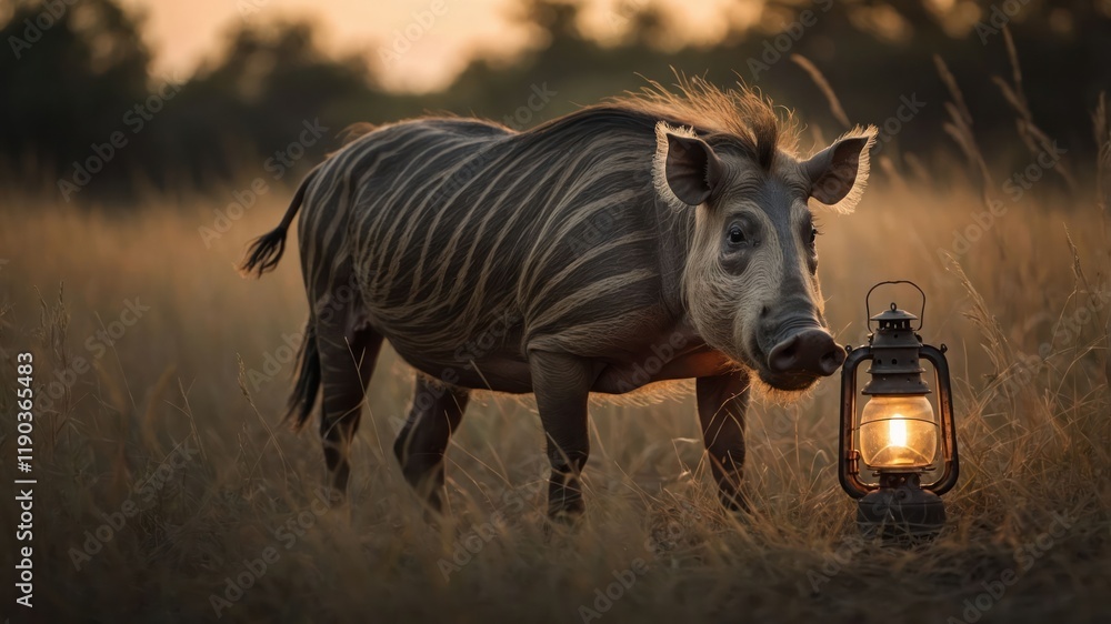 A wild boar stands beside a glowing lantern in a grassy field at sunset. A wild boar stands beside a glowing lantern in a grassy field at sunset.