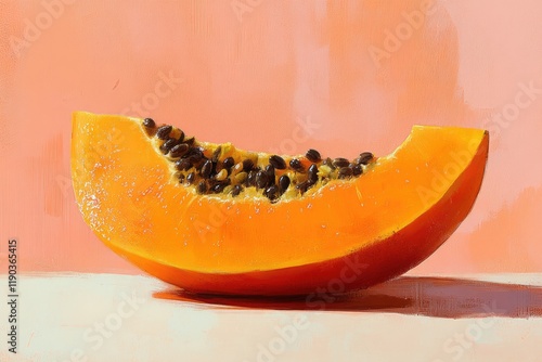 Vibrant slice of papaya rests against soft, peachy background sh photo