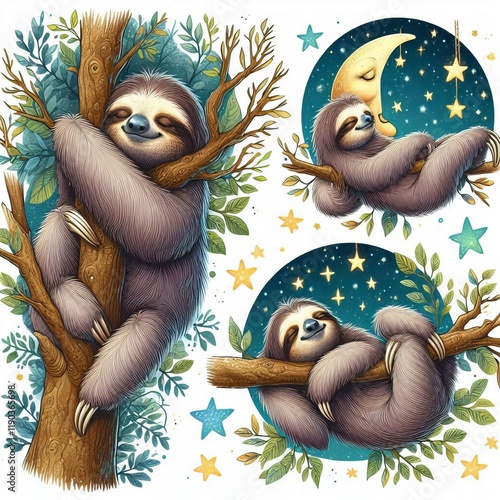 Sleepy Sloths Sloths resting on tree branches surrounded by star