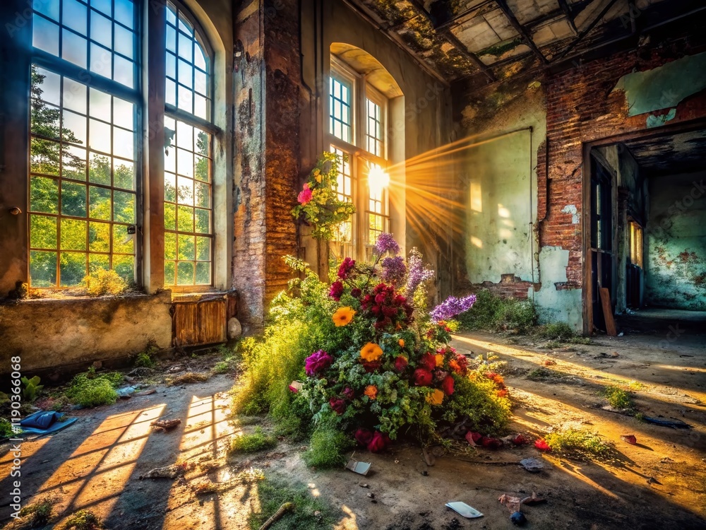 Fototapeta premium Abandoned Building Wedding Flowers: Urban Romance Photography