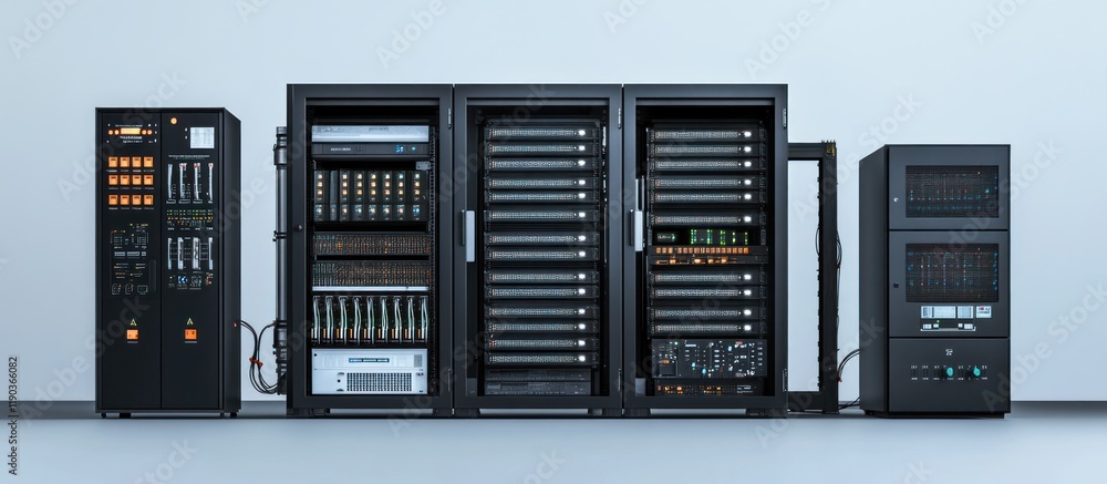 Modern server room with multiple racks and network devices. Modern server room with multiple racks and network devices.