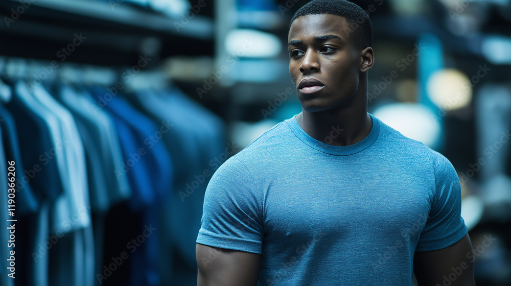 Fototapeta premium African American athlete in retail environment. Perfect for fitness lifestyle, sportswear retail, or active fashion content.