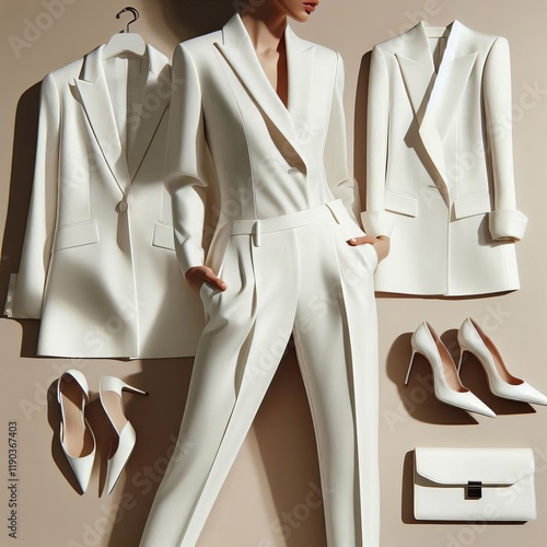A sleek all white ensemble featuring a tailored blazer matching