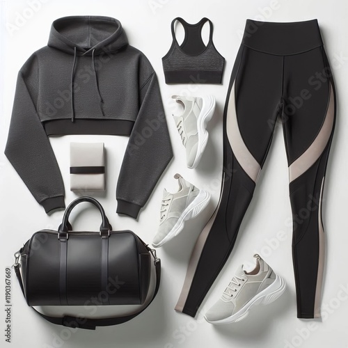 A sporty outfit comprising leggings a cropped hoodie chunky snea photo