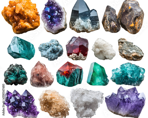 Collection of Twenty-Four Mineral Specimens Isolated On A White Background, PNG Transparent photo