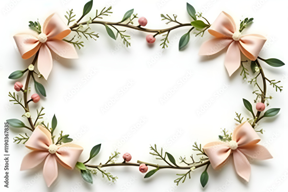 Fototapeta premium A delicate frame adorned with small bows interwoven with flowers and greenery, perfect for spring or wedding themes