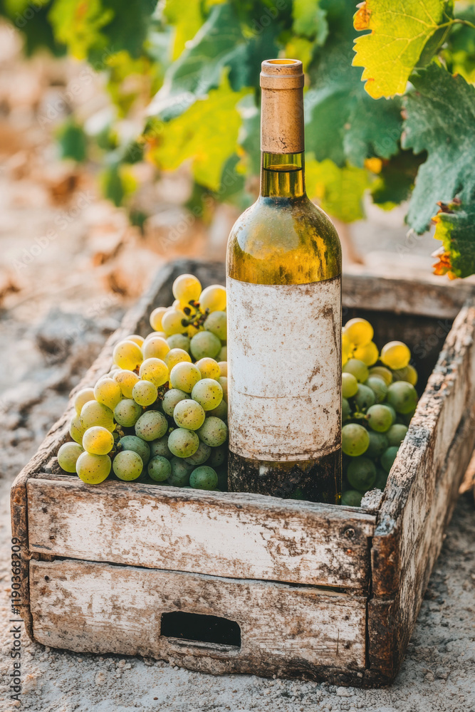 Fototapeta premium Dessert Wine, A high-quality image depicting a vineyard scene featuring a dessert wine bottle, ideal for food and drink-related themes.