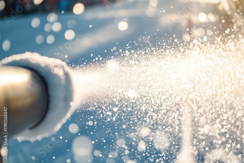 Snow spraying from nozzle creates mesmerizing effect with sparkl photo