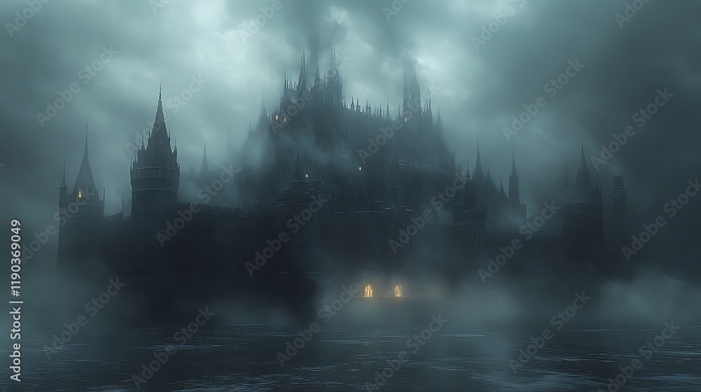 Mysterious dark castle shrouded in fog and mist, overlooking a dark body of water at night. Mysterious dark castle shrouded in fog and mist, overlooking a dark body of water at night.