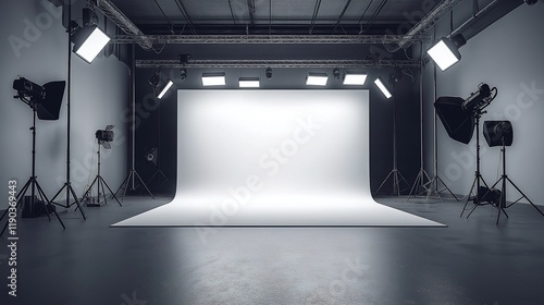 Minimalist studio with smooth grey floor and white cyc wall, dramatically lit by spotlights creating a subtle gradient effect. A perfect space for photography and creative projects