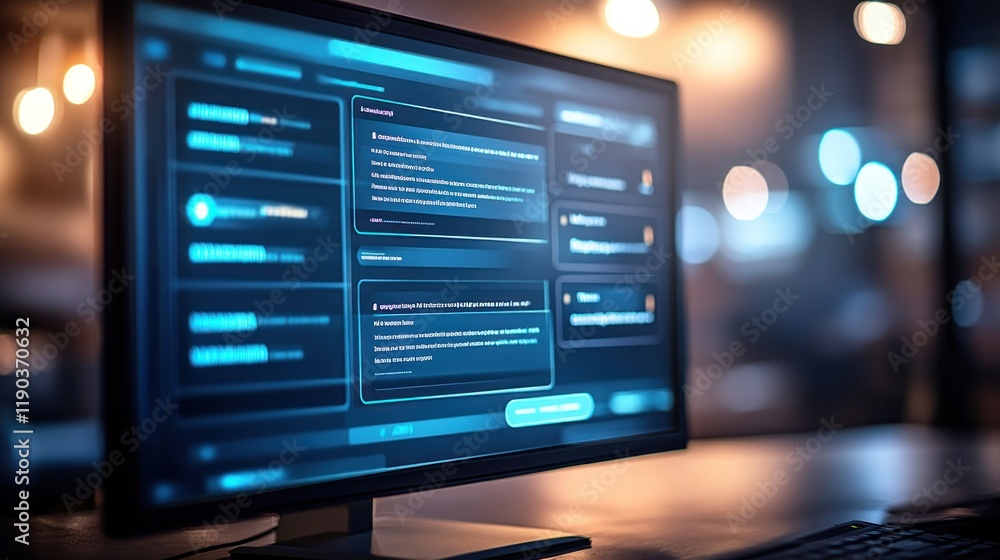 Modern computer monitor displaying a futuristic user interface with data and code. Modern computer monitor displaying a futuristic user interface with data and code.